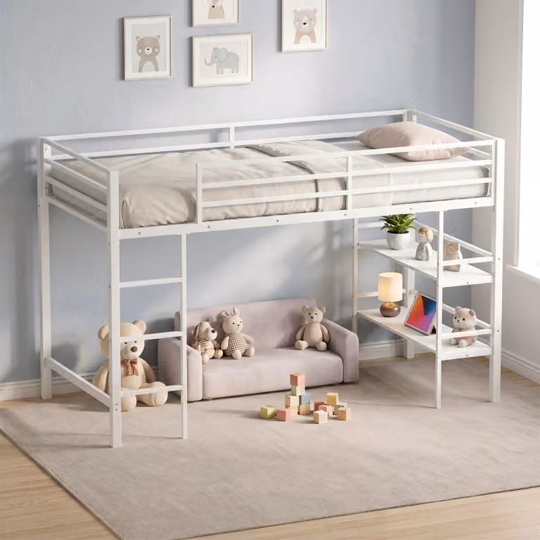 Letto a soppalco singolo in metallo Costway con ripiani portaoggetti e scala a 3 gradini, colore bianco