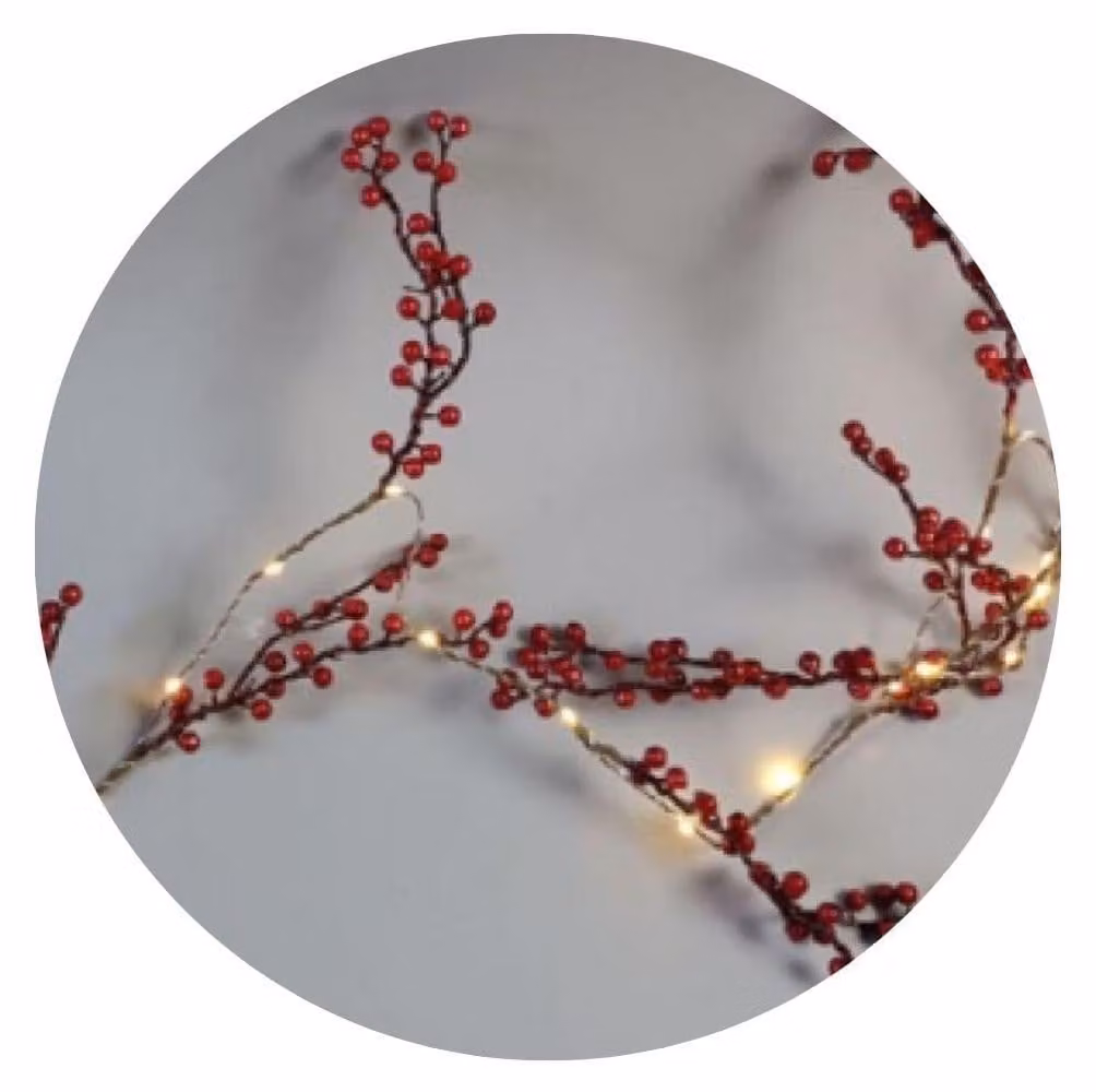 Catena luminosa a LED con bacche rosse, lunghezza 1,8 metri, alimentazione a batteria
