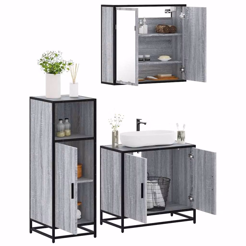 Set di mobili da bagno industrial vidaXL in 3 pezzi colore grigio con armadietto specchio, mobile lavabo e mobile laterale in legno e metallo