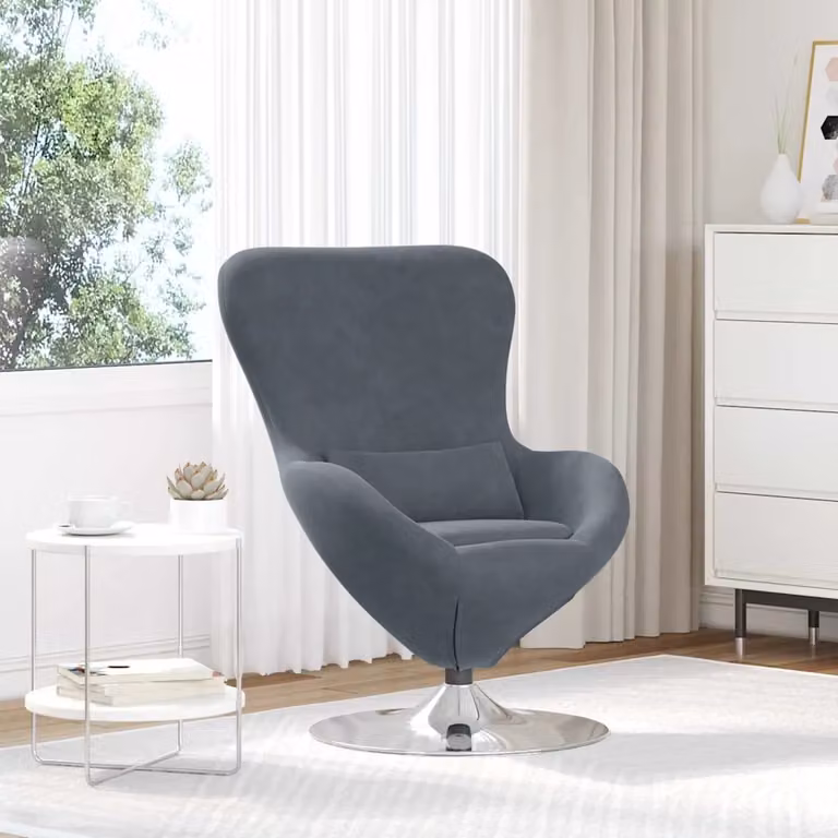 Poltrona uovo moderna vidaXL in velluto grigio con base girevole 360 gradi e struttura in metallo