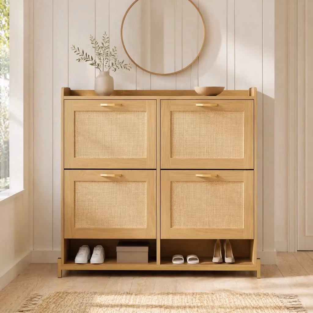 Scarpiera salvaspazio MODFU in MDF rovere chiaro e beige con ripiani interni e ante a ribalta L/P/H: 108,5 x 24 x 100 cm – 2