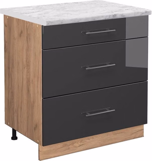 Mobiletto base per cucina Fame-Line Antracite lucido/Rovere dorato 80 cm con 3 cassetti, PL Marmo Vicco