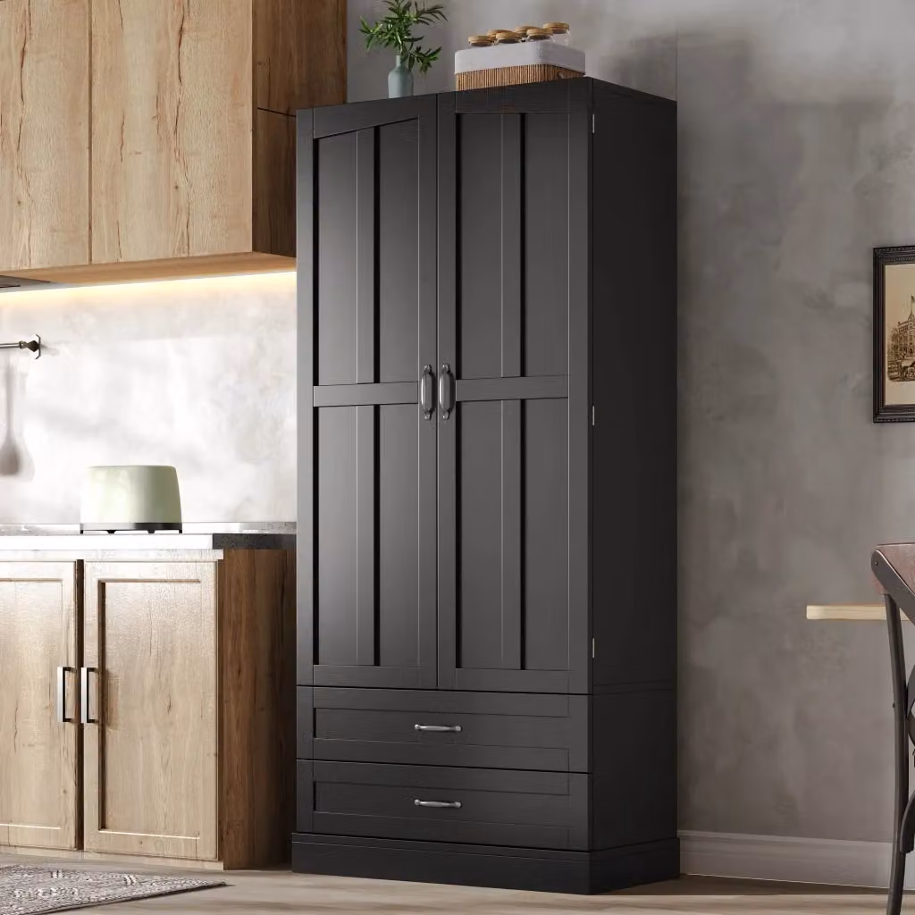 Credenza alta freestanding WISHDOR in MDF nero opaco con 3 ripiani estraibili, 2 cassetti e ante, L/P/H: 80.0 x 37.5 x 180.0 cm – 2