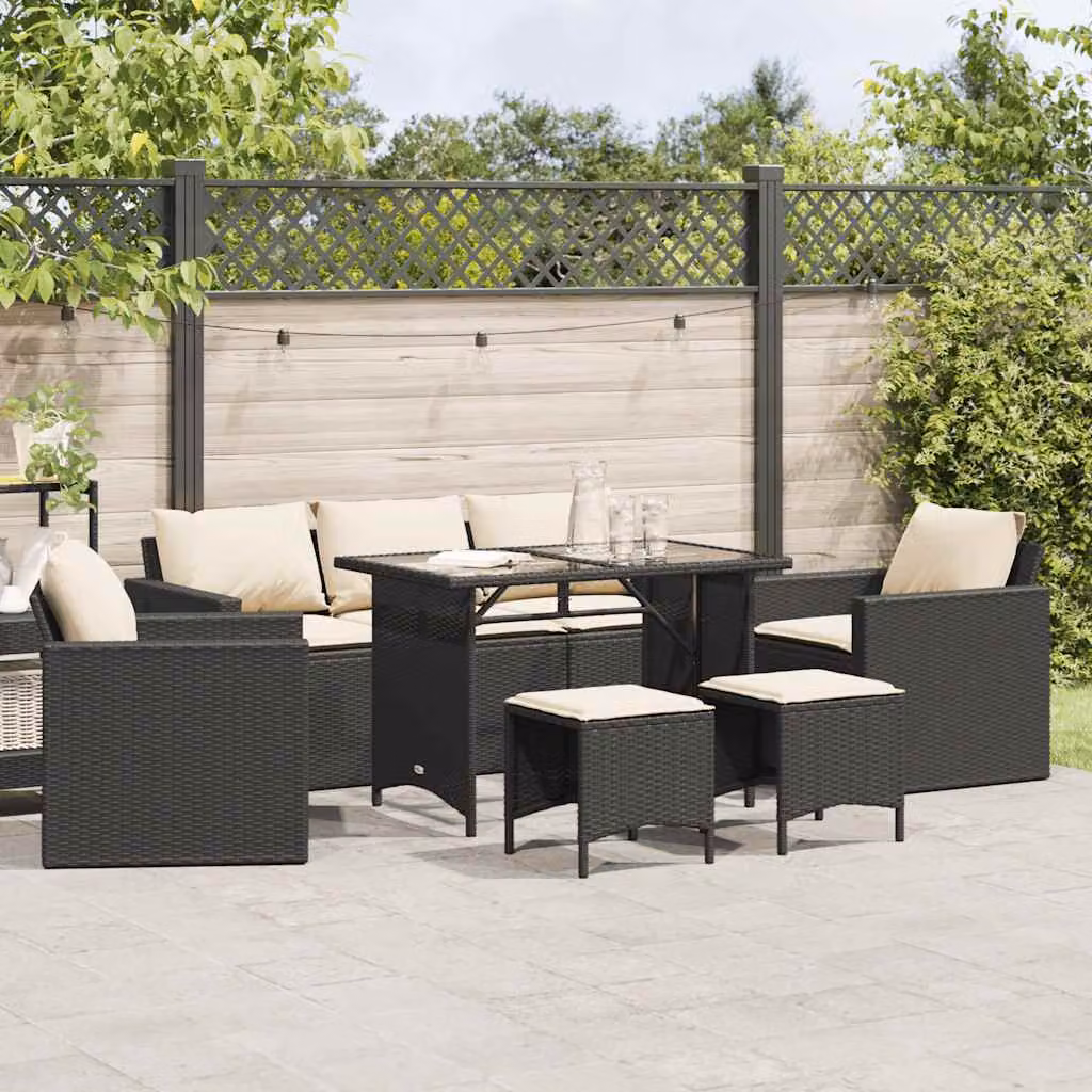 Set Divano da Giardino 6 pz vidaXL con Cuscini Nero e Tavolino in Vetro – 1