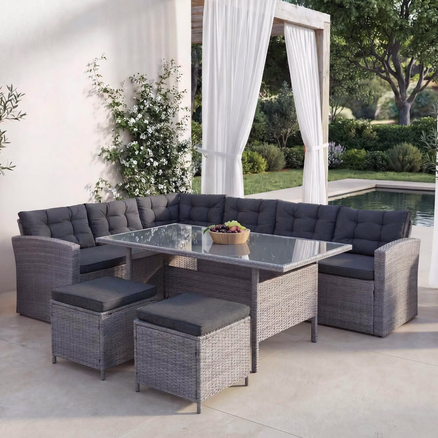 Set in polyrattan MCW-A29, set da giardino Set salotto Tavolo da pranzo Set divano ~ grigio, cuscini grigi + 2x pouf