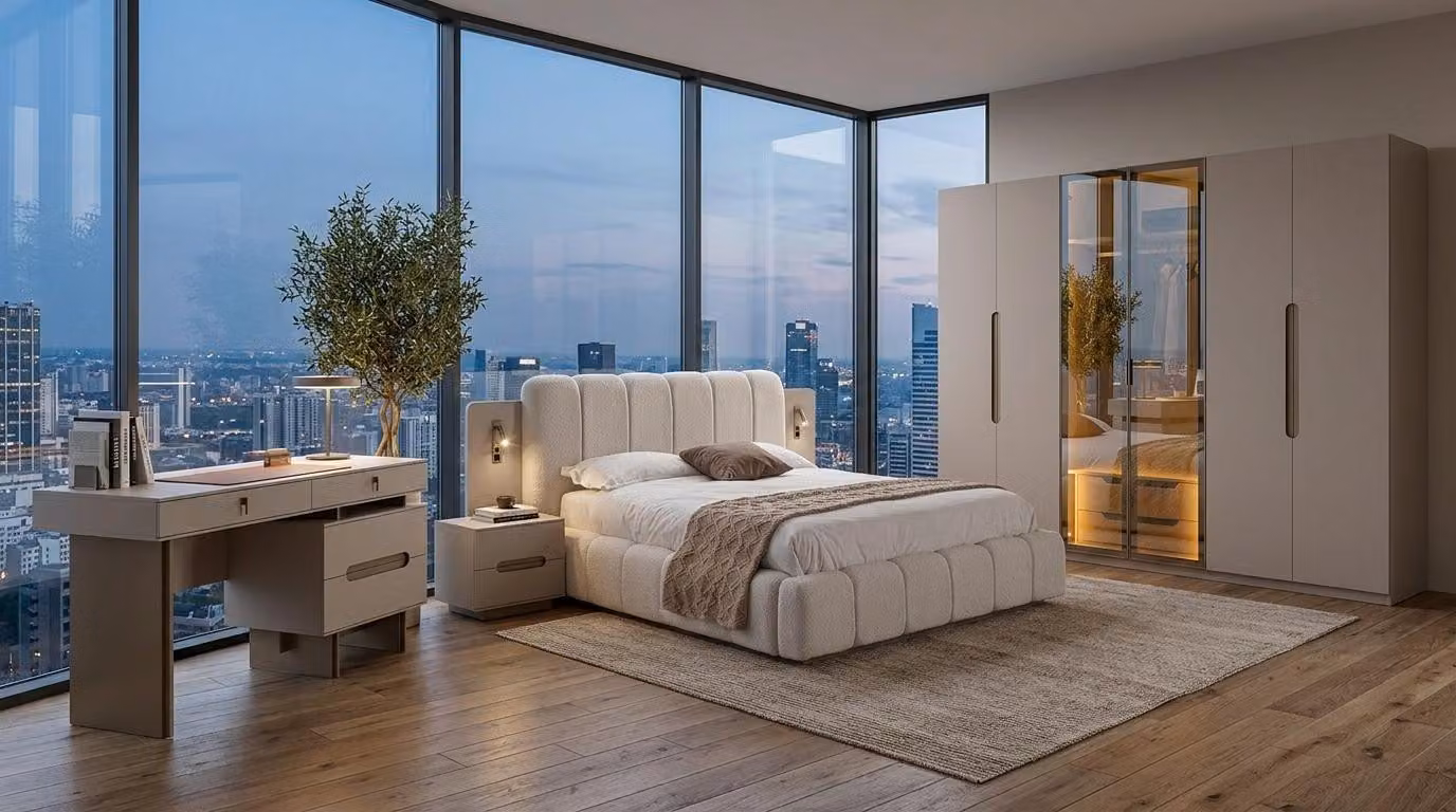 Set per camera da letto: letto, armadio, cassettiera, comodino. Stile moderno, colore grigio-beige