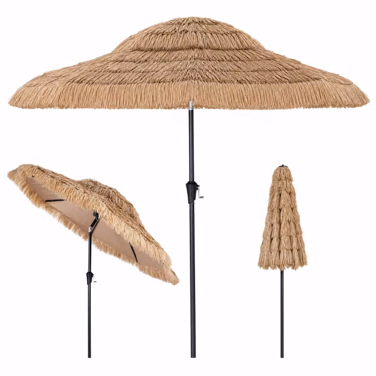 Ombrellone in paglia Costway marrone con inclinazione di 30 gradi, struttura in metallo e manovella per giardino e cortile, L: 275 cm, P: 251 cm