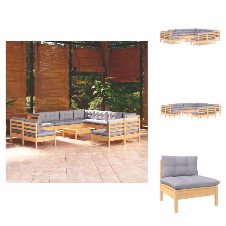 vidaXL Set di 12 pezzi da giardino con cuscini grigi in pino massiccio - Set di mobili da giardino