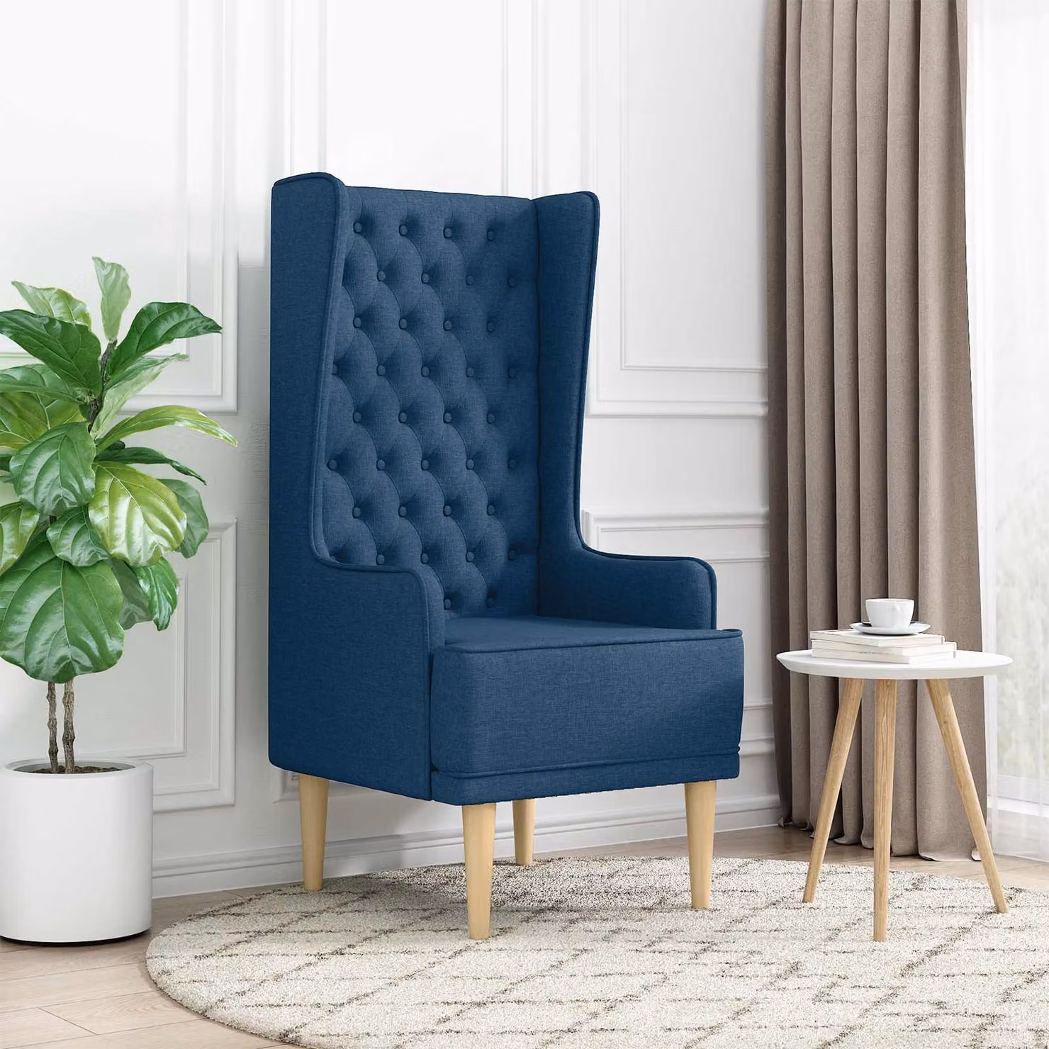 Sedia a schienale alto stile Chesterfield vidaXL in tessuto blu trapuntata a bottoni con gambe in legno