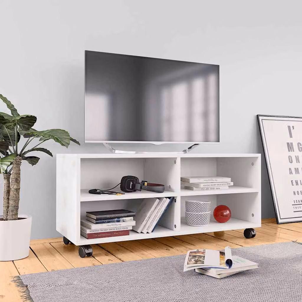 Mobile TV con ruote vidaXL in legno multistrato bianco, L 90 cm x P 35 cm x H 35 cm