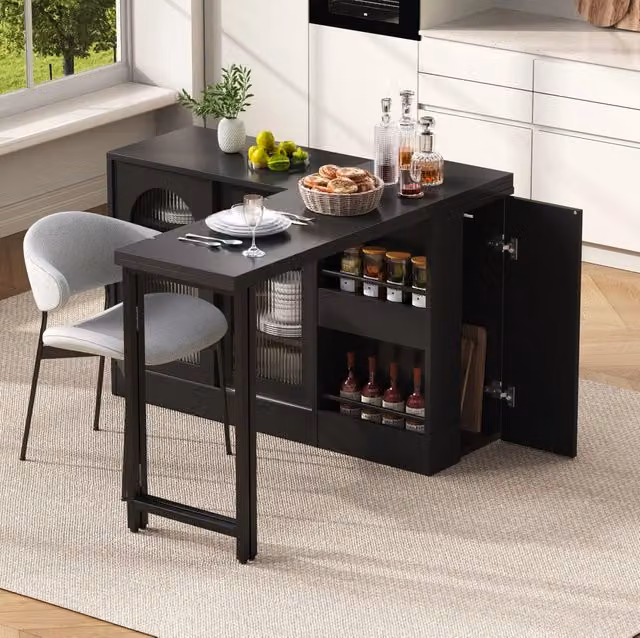 tavolo bar allungabile 360° nero con contenitore, anta in vetro scanalato e mensole