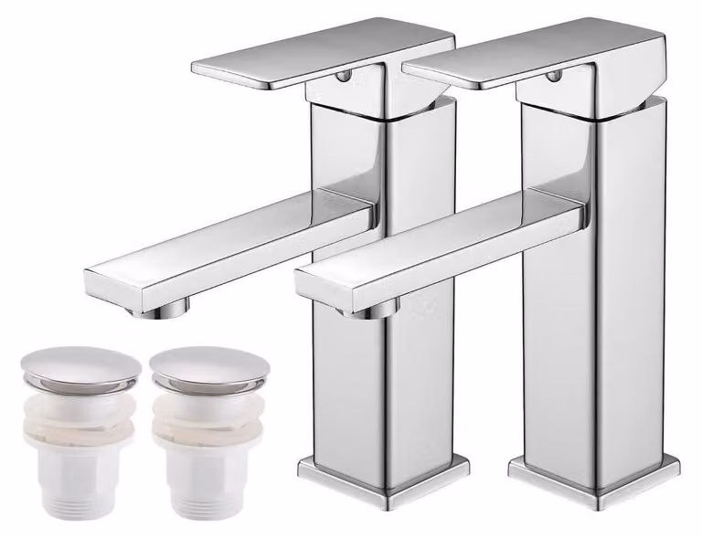 Miscelatore monocomando per lavabo, forma quadrata, finitura cromata, in acciaio inossidabile, con gruppo di scarico