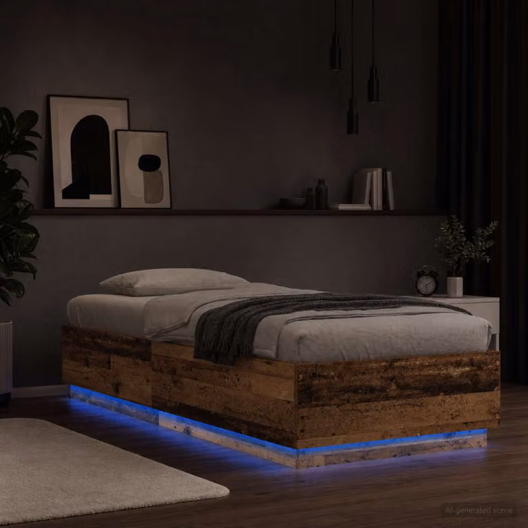 Letto moderno vidaXL in legno ingegnerizzato marrone con illuminazione LED e porta USB, L/P/H: 200 x 80 x 40 cm