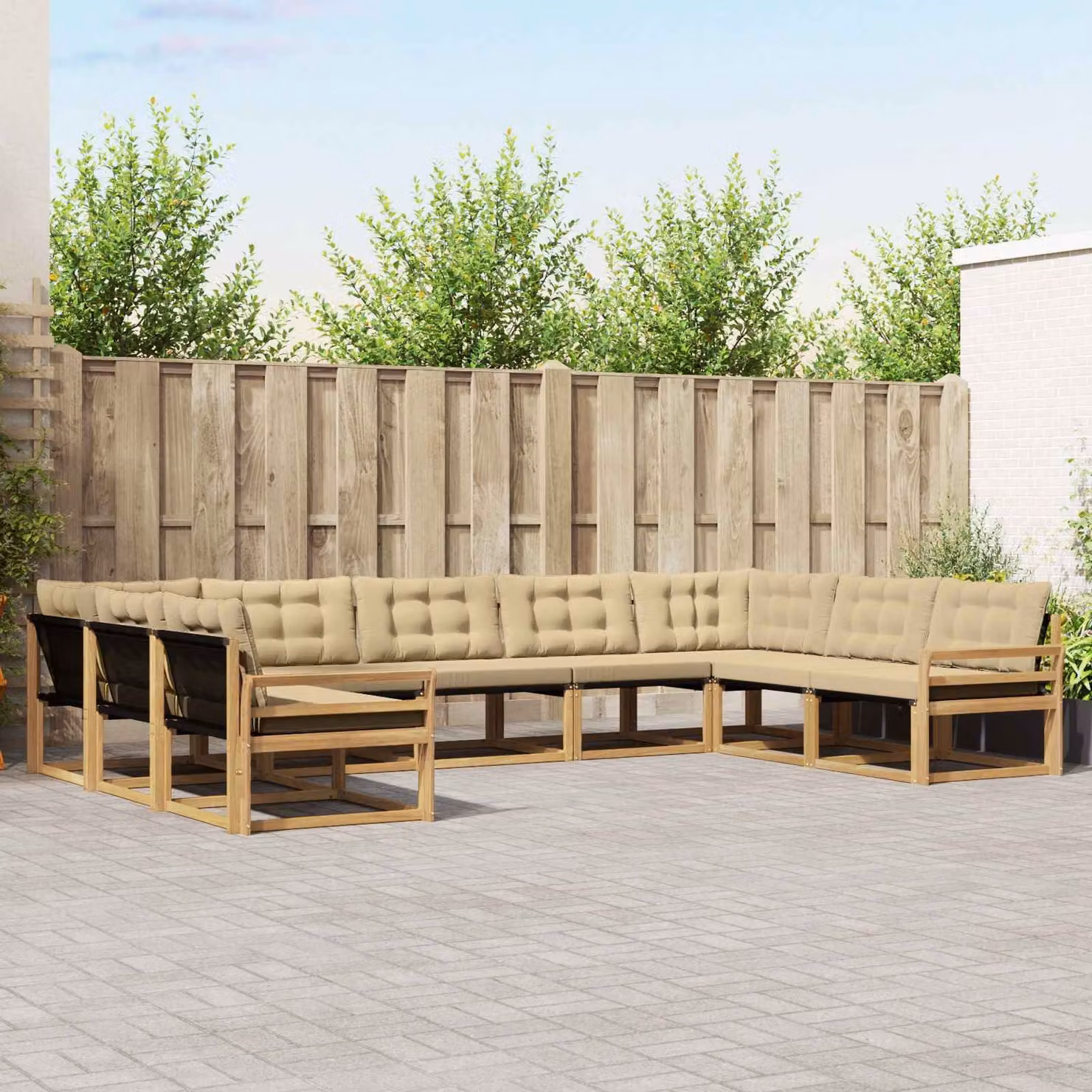 vidaXL Set di divani da esterno a L composto da 9 pezzi in legno di acacia e tessuto textilene, Bianco e Beige