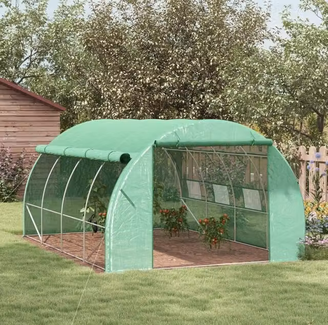 Serra da giardino ULEVR 3,97x3x2 m con 8 finestre, porta con cerniera e struttura in acciaio zincato verde