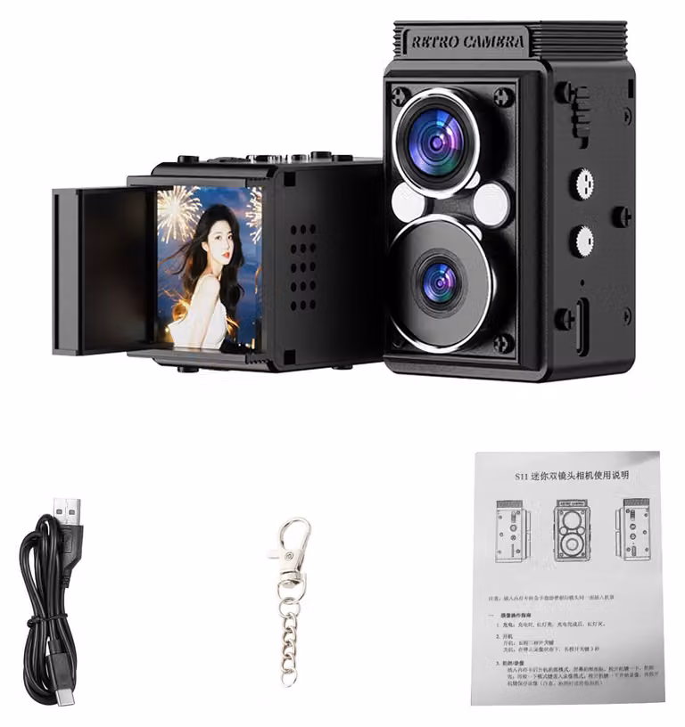 S11 Mini fotocamera CCD retrò a doppio obiettivo, TLR portatile, visione notturna a infrarossi, digitale, nera