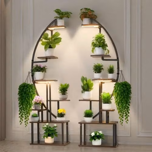 Set di 2 Scaffali per Piante Moderni VEVOR con Luci di Crescita, Struttura in Metallo e Legno Nero Opaco, 7 Livelli, Altezza: 166,5 cm