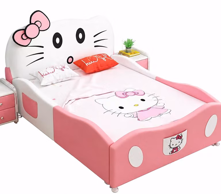 Letto per bambini rosa con sponde laterali e tema Hello Kitty, ideale per bambine