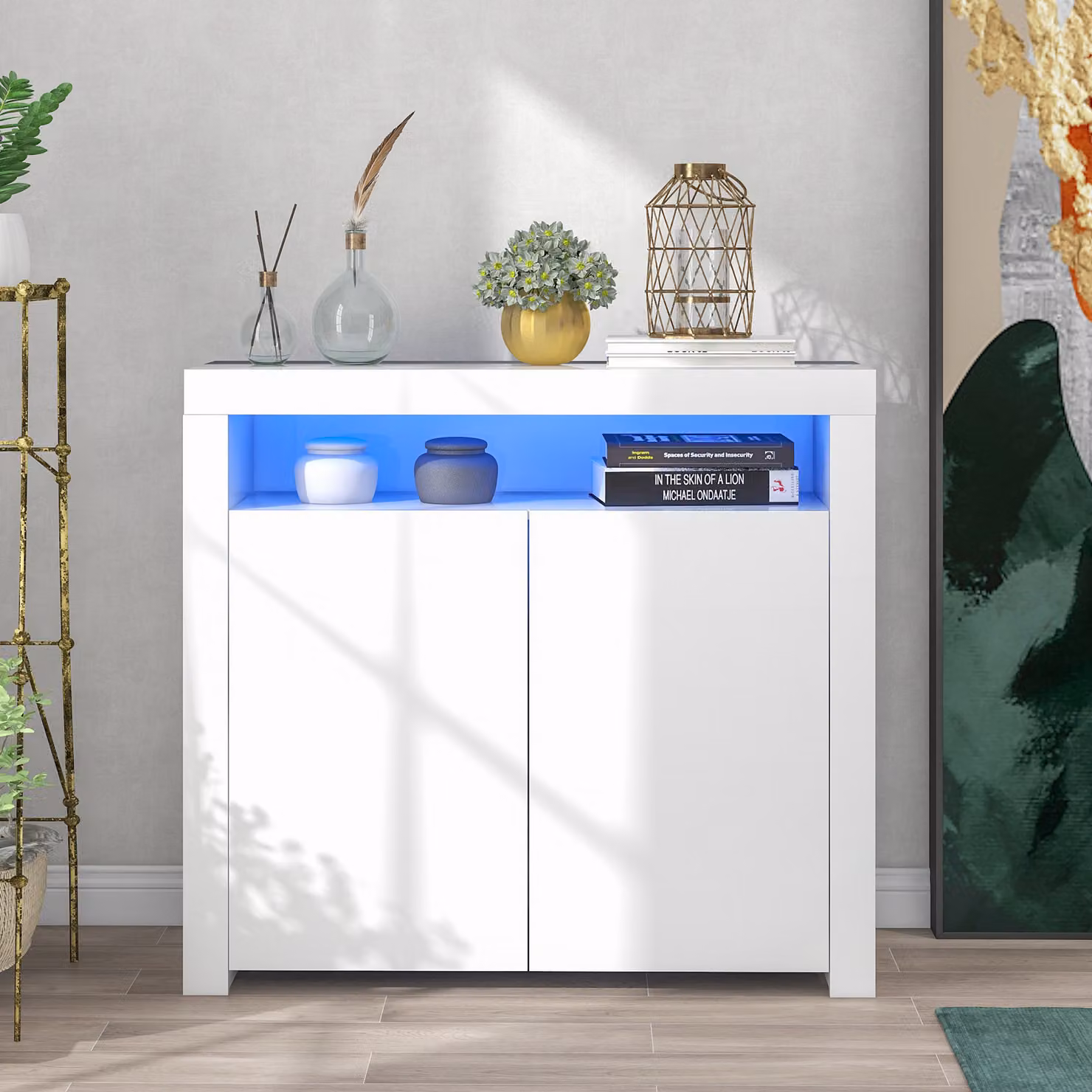 Mobiletto contenitore MODFU, finitura lucida, con illuminazione a LED e 2 ante, colore bianco
