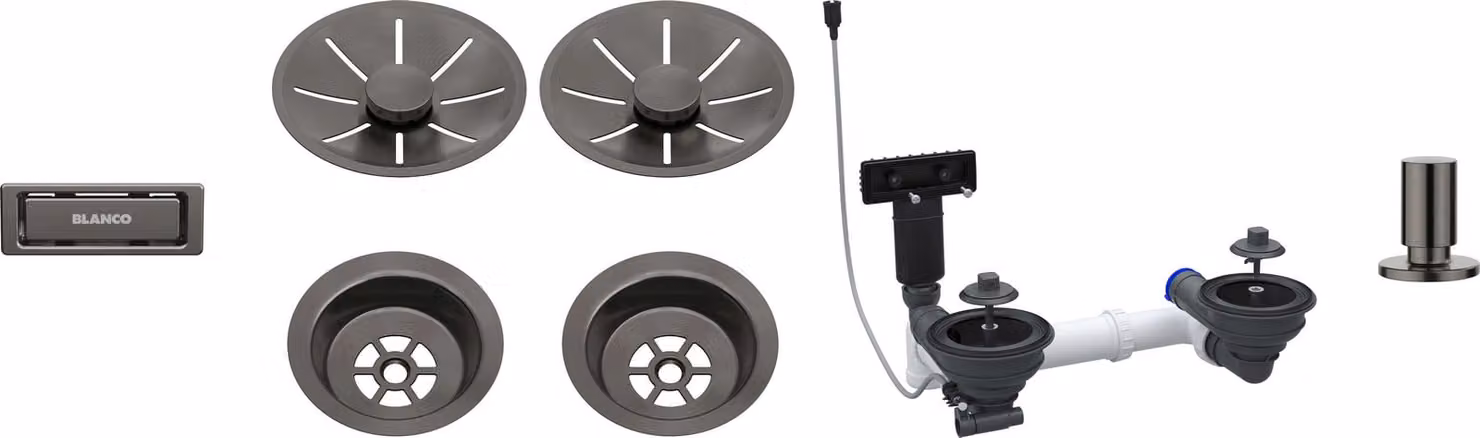 Set di accessori per scarico a pavimento, colore bianco, composto da 2 pezzi InFino con comando di apertura/chiusura a distanza, finitura acciaio satinato scuro, codice prodotto 207444