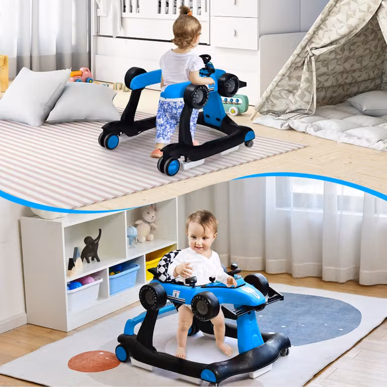 Costway Deambulatore 4 in 1 per neonati con altezza e velocità regolabili e carillon con luci, Blu