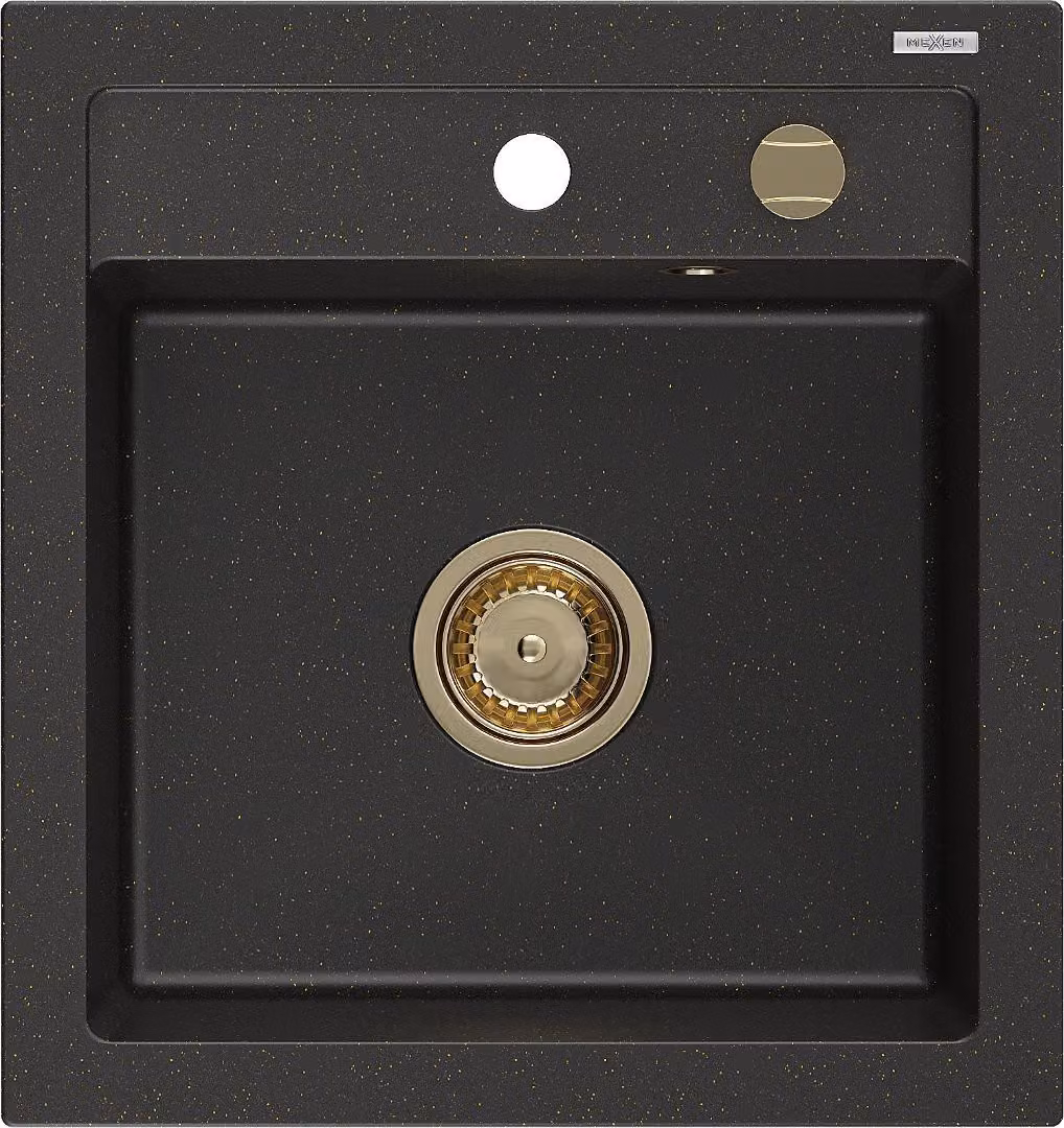 Mexen Vito lavello da cucina in granito 1-vasca 520 x 490 mm, nero/oro metallizzato, sifone oro - 6503521000-75-G