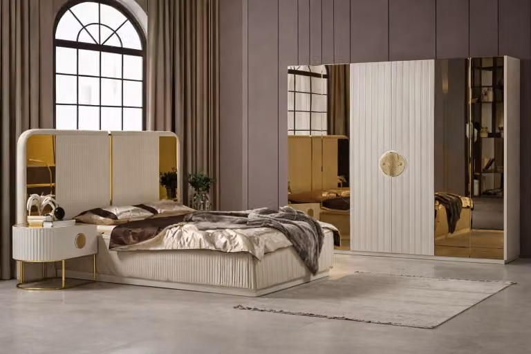 Letto moderno con comodini e armadio in stile