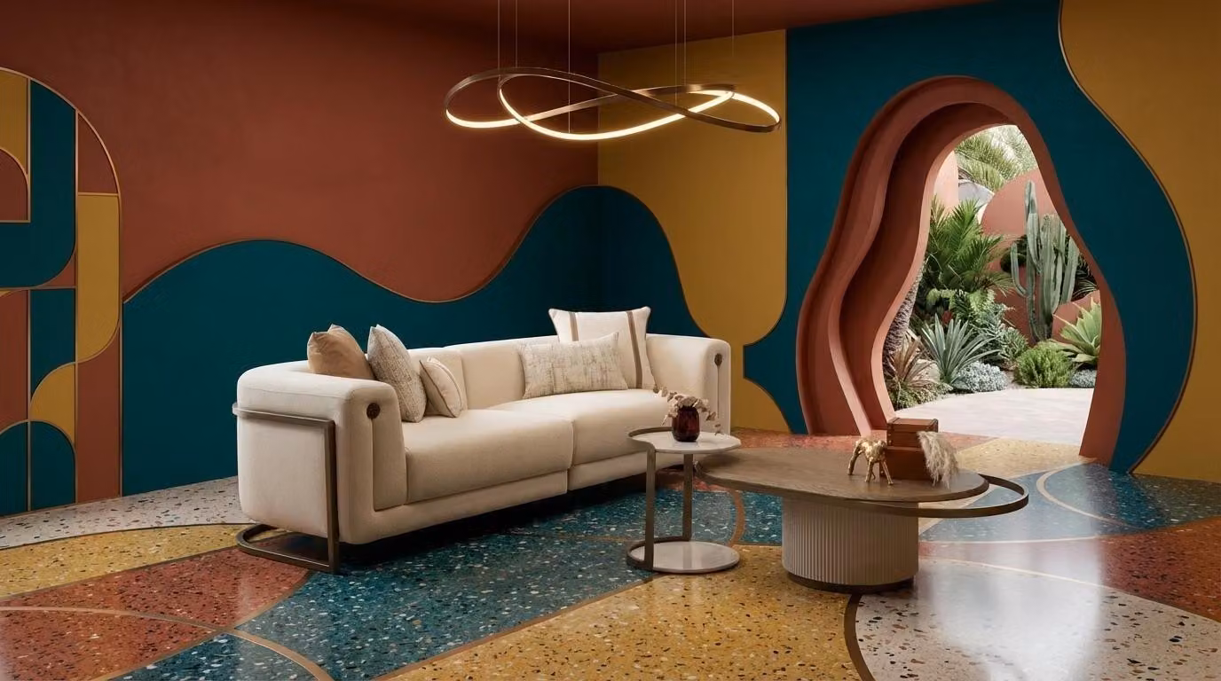 Divano elegante a tre posti con tavolino da caffè. Design moderno, lusso