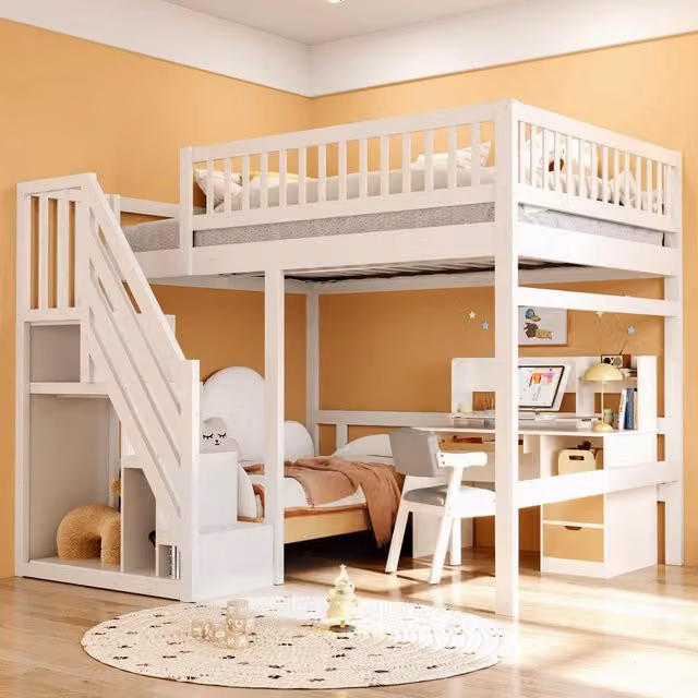 Letto singolo elevato WISHDOR in legno massiccio bianco con scala contenitore e vani salvaspazio, L/P/H: 200 x 140 x 173 cm