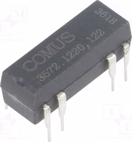 1 relè: Bobina Reed da 10W, contatto unipolare (US), 12VDC, 500mA max, 150VDC. Montaggio su circuito stampato (THT). Codice prodotto: 3572.1220.122. Produttore: Elektromag
