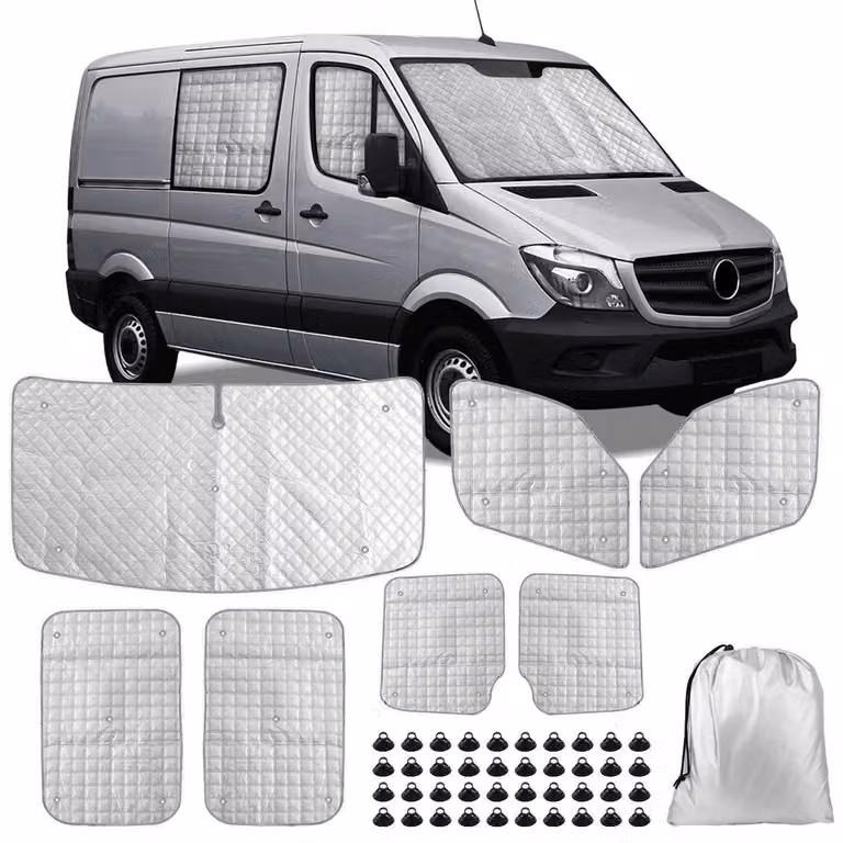 Tappetini termici per cabina passeggeri, set da 7 pezzi, per Mercedes Sprinter e VW Crafter con passo lungo (LWB), dal 2006 al 2019. Offrono protezione dai raggi UV e dall'acqua, schermatura solare, privacy e controllo della temperatura
