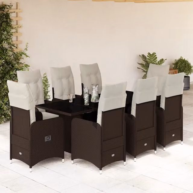 Set Bistrò da Giardino vidaXL in Polyrattan Marrone e Bianco con Cuscini e Tavolo in Vetro, 9 Pezzi