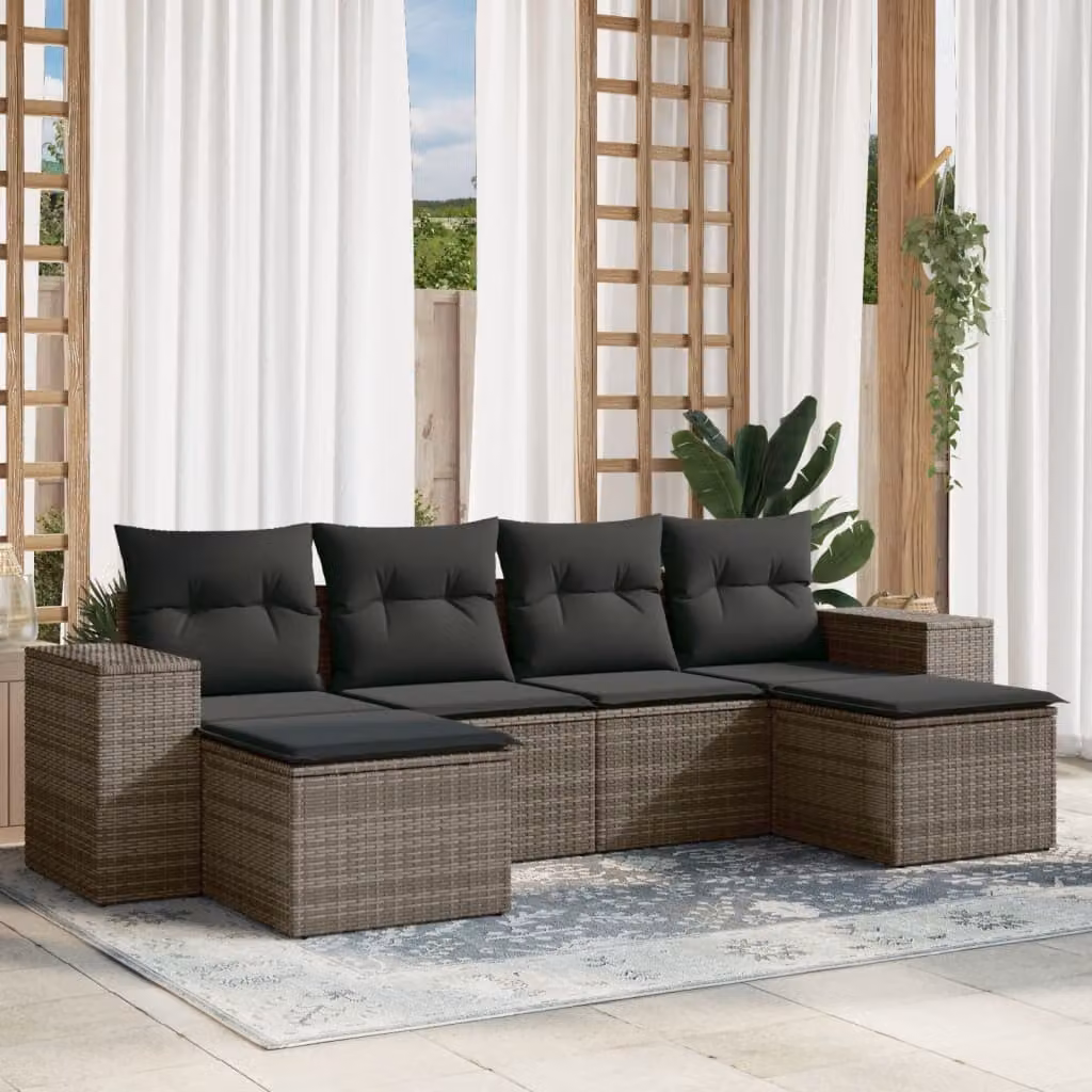 vidaXL Set Divano da Giardino a L 6 pz con Cuscini Grigio in Polyrattan e Struttura in Metallo – 1