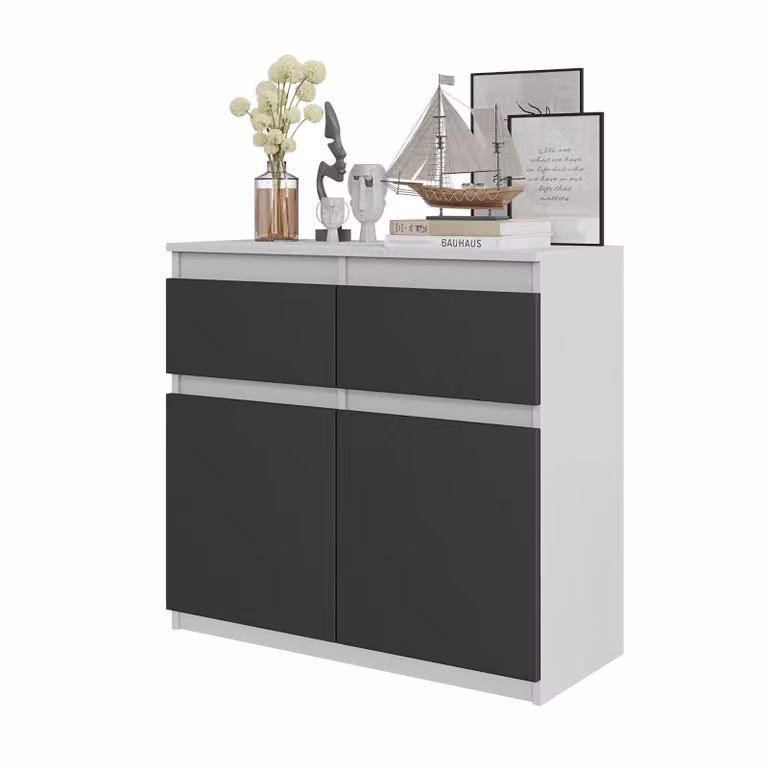 Comodà 80 cm bianco opaco / antracite, 2 cassetti, 2 ante, 2 ripiani, soggiorno