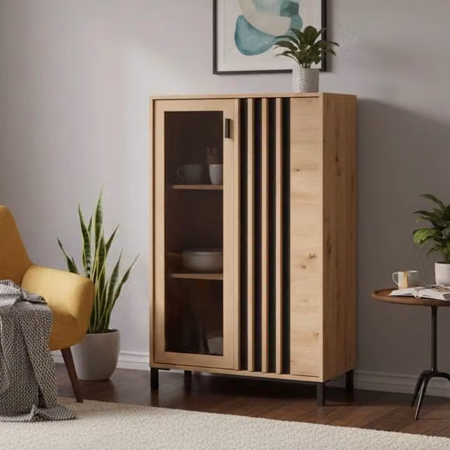 Mobile Espositore Grimani, Vetrina 2 Ripiani, 80x40x128.5h cm Marrone Rovere Nodi
