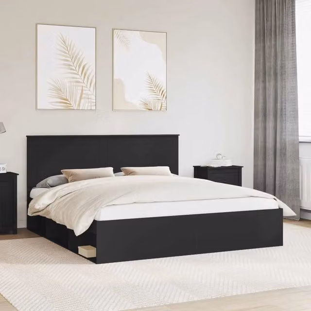 Struttura del letto-Giroletto Nero 200 x 200 cm Pino massello 157818
