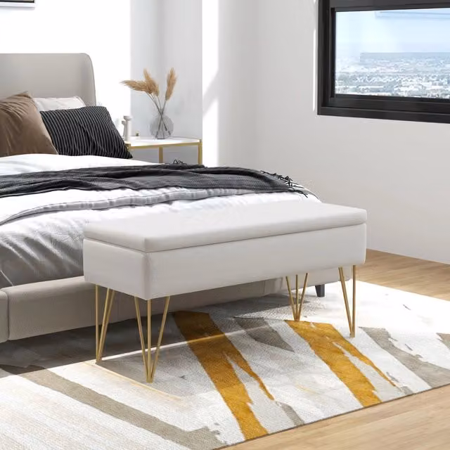 Panca contenitore REDOM beige in tessuto e metallo per soggiorno o camera da letto L/P/H: 120 x 40 x 49 cm – 1