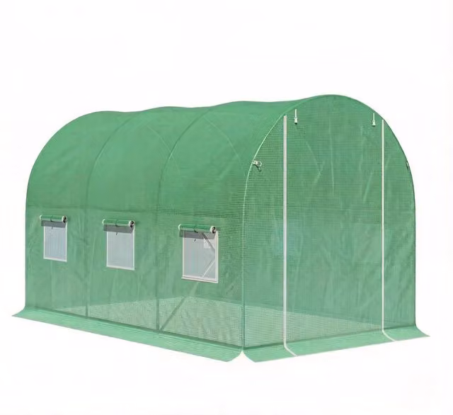 Serra a tunnel OKWISH verde con struttura in metallo, porta avvolgibile, 6 finestre e telo in polietilene, L/P/H: 298 x 198 x 196 cm – 1