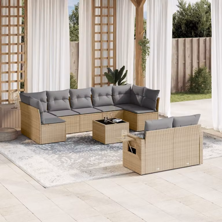 vidaXL Set Divano da Giardino 10 pz in Polyrattan con Cuscini Beige e Tavolino da Esterno