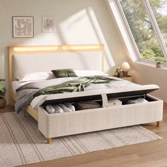 Letto matrimoniale con panca contenitore e testiera LED 140x200 cm; rovere chiaro e beige