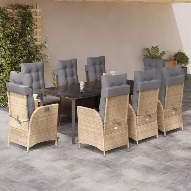 Set da pranzo da giardino vidaXL in polyrattan con cuscini beige e tavolo in vetro per 9 persone – 1