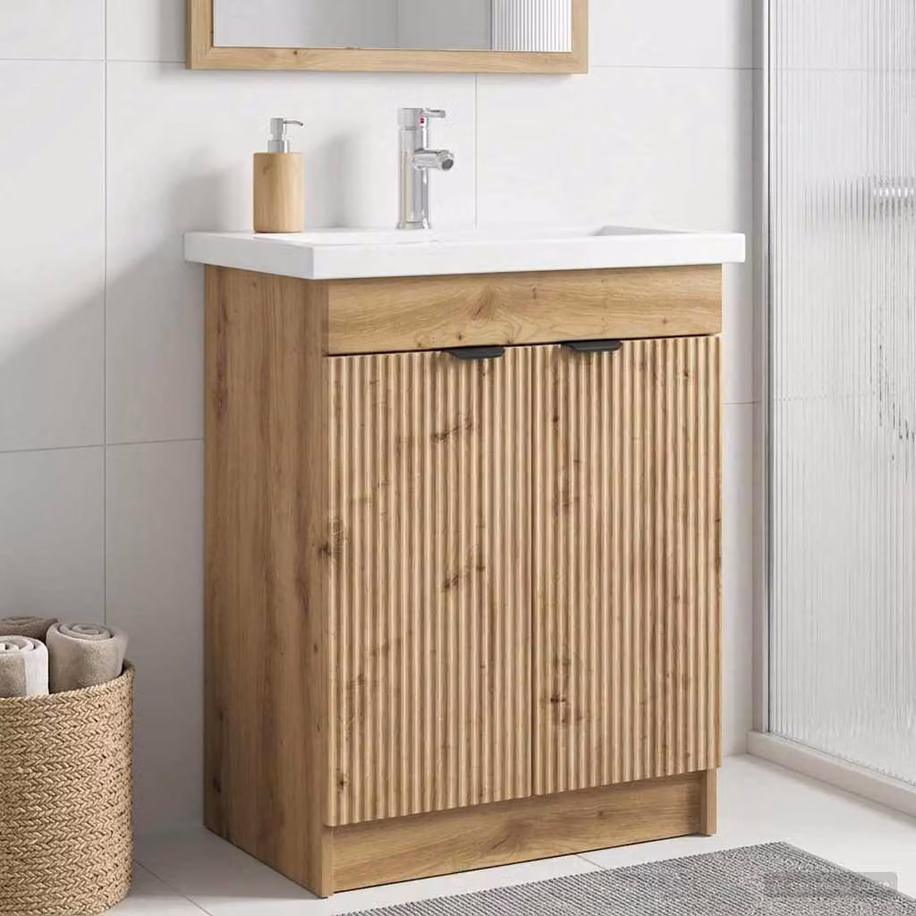 Mobiletto da bagno sotto il lavello vidaXL in Rovere e MDF con ante a battente e ripiani interni, Colore Marrone e Nero, L: 81,0 cm, P: 37,5 cm, H: 56,0 cm
