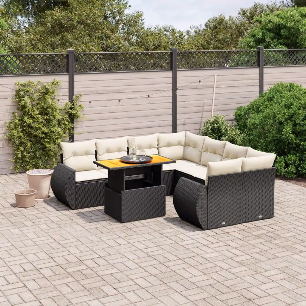 Set di Divani da Giardino vidaXL 9 pz a Forma a L con Cuscini, Tavolino e Struttura in Metallo e Polyrattan, Colore Nero e Bianco – 1