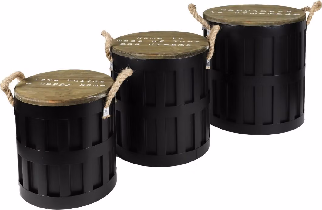 Set di 3 tavolini in metallo con maniglia in corda - Colore nero, dimensioni 36x36xH38 cm