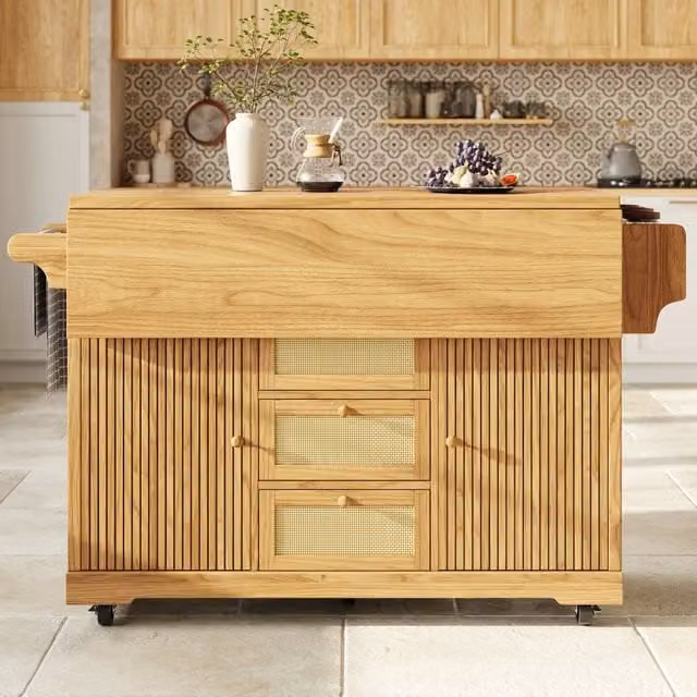 Carrello da cucina pieghevole 142;5x80x95 cm in MDF e metallo; legno naturale