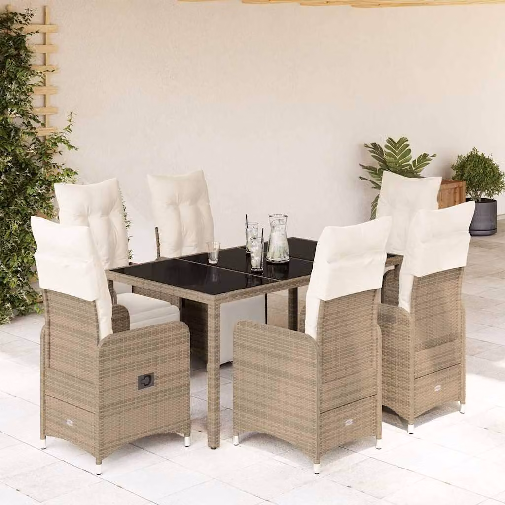 vidaXL Set Bistrò da Giardino 7 pz in Polyrattan Marrone con Cuscini e Tavolo con Piano in Vetro – 1