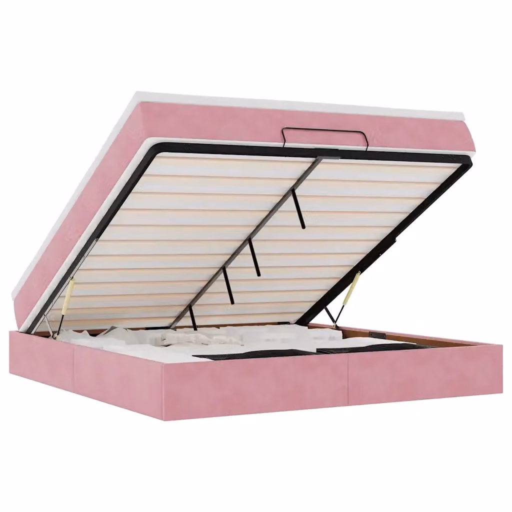 vidaXL Struttura Letto con Pouf e Materasso in Velluto Rosa e Bianco, L/P/H: 200 x 160 x 23,5 cm – 2