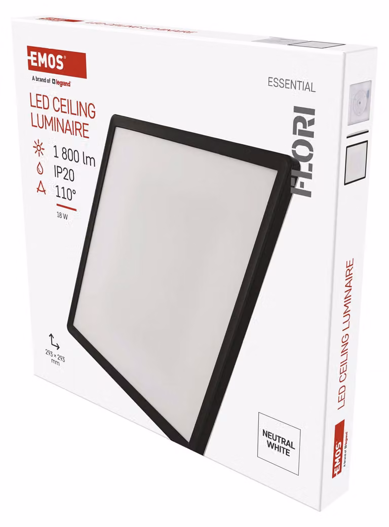 EMOS Lampada LED da parete/soffitto FLORI, quadrata, bianco neutro 4000 K, 1800 lm, 18 W (anziché lampadina da 115 W), per interni, 29,3 x 29,3 cm, nero