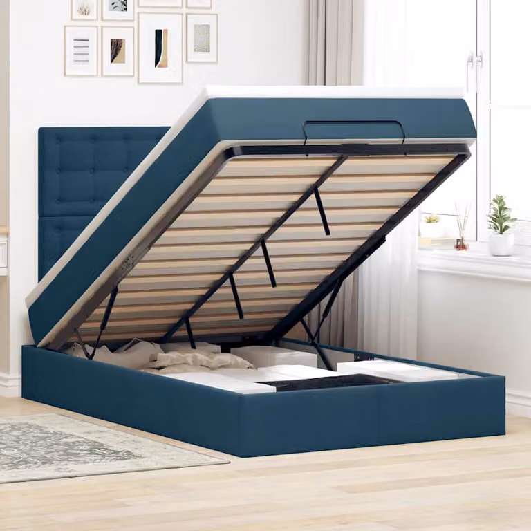 Letto con contenitore a sollevamento vidaXL in velluto blu scuro e bianco L 200 x P 120 cm