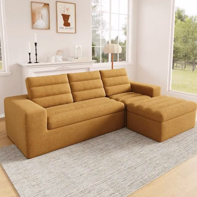 Divano modulare angolare 253 x 161 x 89 cm con pouf; in chenille arancione